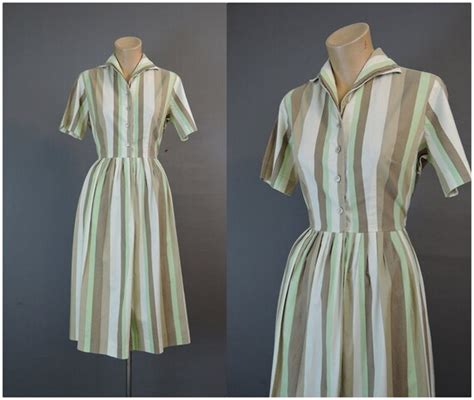 1960s Striped Shirtwaist Dress Green Tan And Brown Cotton