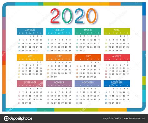Calendario 2020 Sobre Fondo Blanco Colorido Calendario 2020 Año Plantilla Stock Vector By