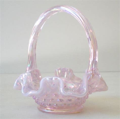 Pink Opalescent Art Glass Basket Marked Fenton