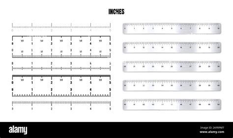 Realistic Metal Rulers With Black Inch Scale For Measuring Length Or Height Various Measurement