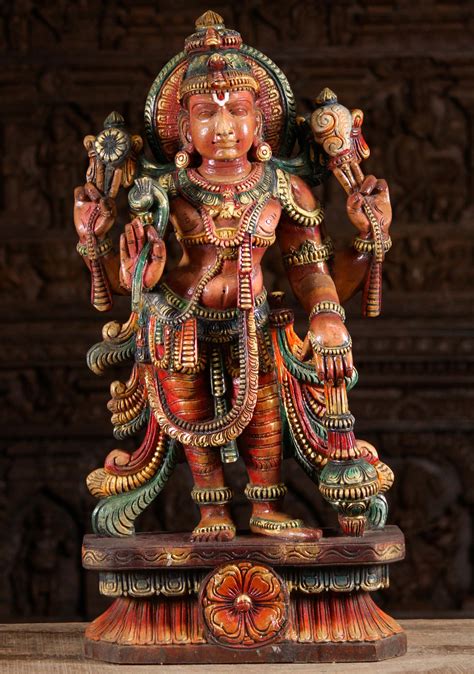 Sold Wood Painted Vishnu The Preserver Statue Standing Holding A Giant