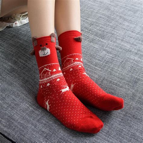 Women Funny Socks Winter New Red Cartoon Pattern Meias Ladies Cotton Warm Sokken Girls Knitted