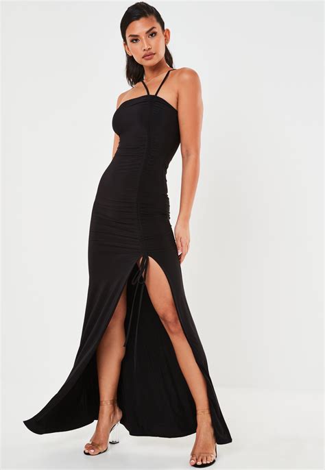 Missguided Black Slinky Ruched Split Maxi Dress Split Maxi Dress Maxi Dress Trending Dresses