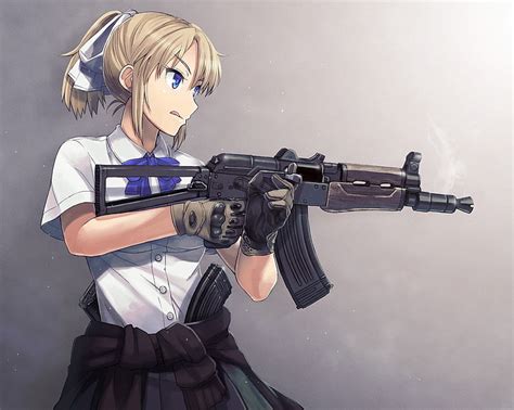 Hd Wallpaper Anime Anime Girls Blonde Blue Eyes Gloves Gun