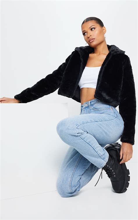 black cropped faux fur coat coats and jackets prettylittlething