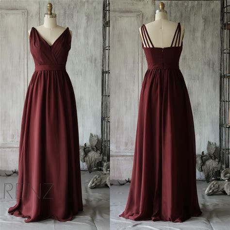 Long Red Wine Bridesmaid Dress Chiffon Wedding Dress Spaghetti Strap V Neck Arty Dress