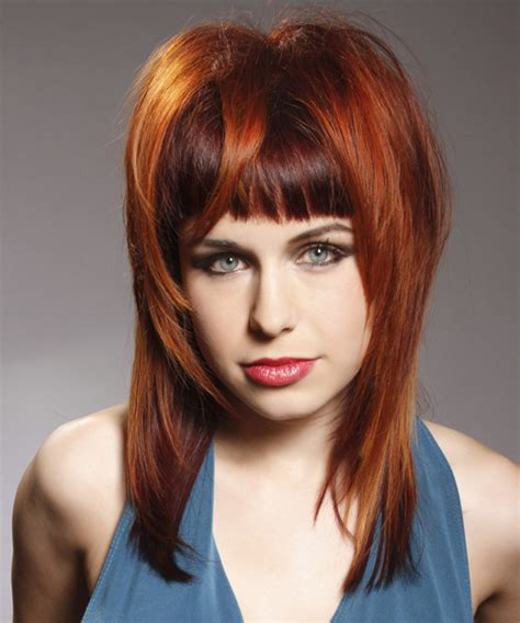 Long Straight Dark Red And Orange Two Tone Hairstyle With Blunt Cut Bangs