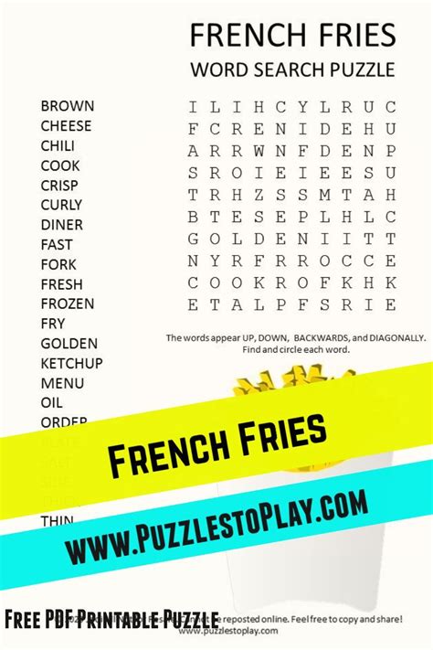 French Fries Word Search Puzzle French Fries Word Puzzles Free Word