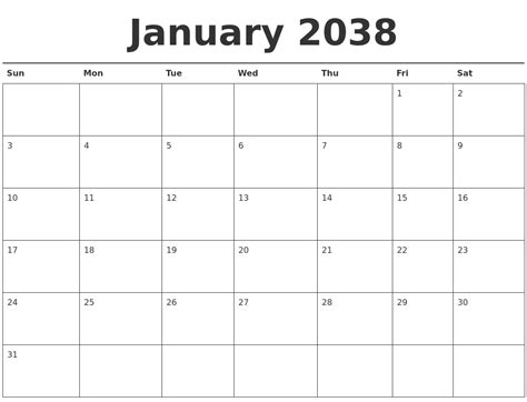 January 2038 Calendar Printable