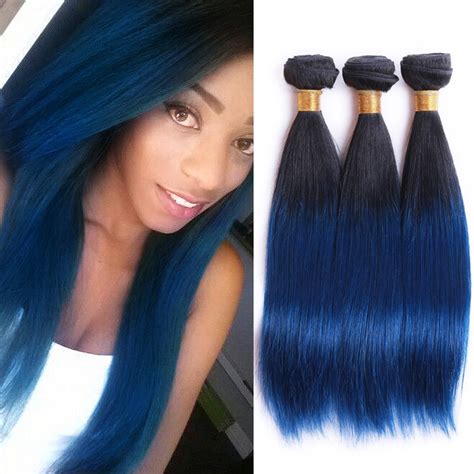 Straight Peruvian Blue Human Hair 3 Bundles Remy Hair Blue Ombre Weave