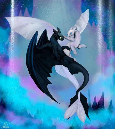 Toothless And Light Fury Flying Together With Their Tails Entwining
