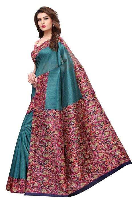 Turquoise Printed Bhagalpuri Silk Saree With Blouse Fabwomen 2733487