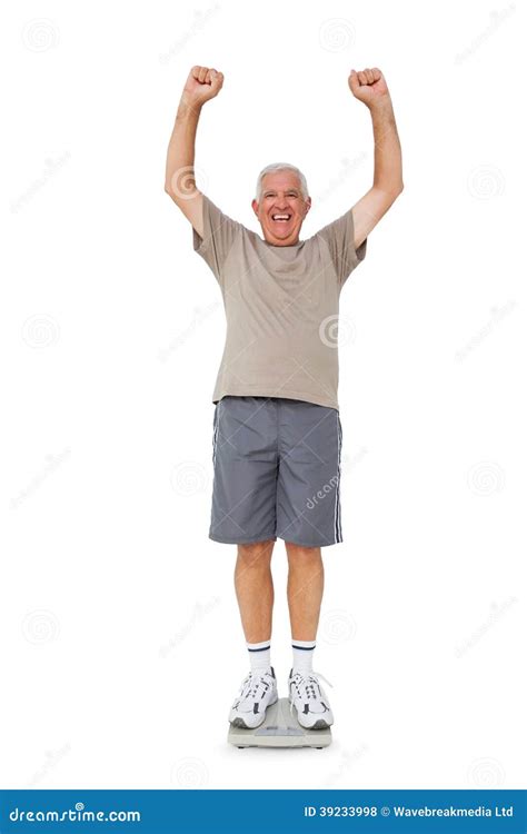Senior Man Cheering On Weight Scale Stock Photo Image Of Portrait