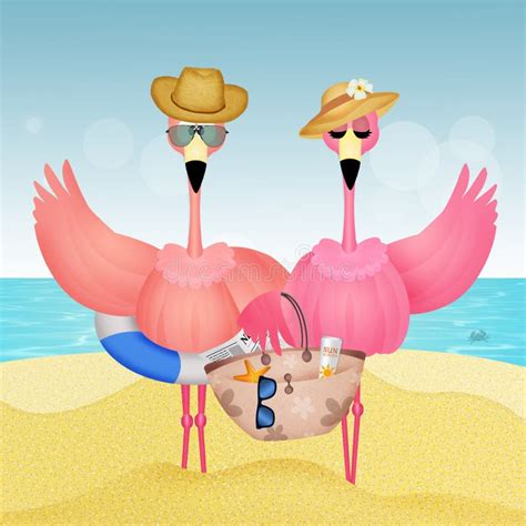 Pink Flamingos With Beach Bag On The Beach Stock Illustration