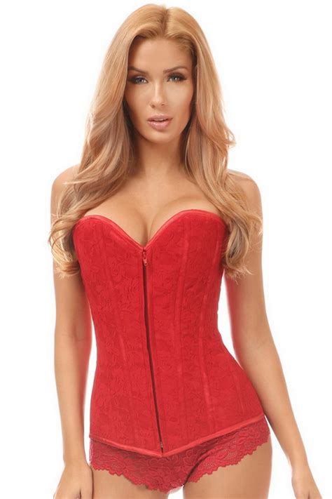 plus size lavish red lace front zipper corset spicy lingerie
