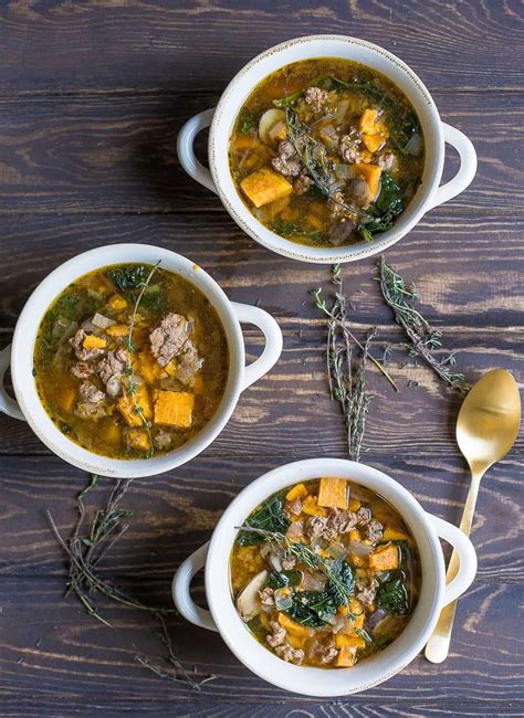 Simple comfort food recipes using ground beef or turkey that are hearty and take less than 30 minutes total from prep to on the table. Slow Cooker (or Instant Pot) Sausage, Kale, and Sweet Potato Soup | Recipe | Sweet potato soup ...