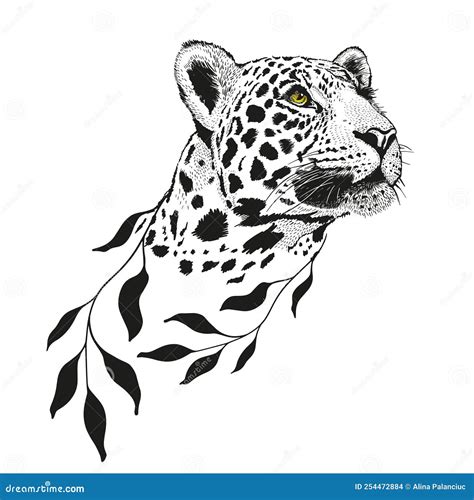 Leopard Pencil Drawing Of Panthera Pardus Head With Flowers Stock