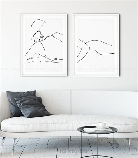 Printable Line Art Set Of Woman Line Drawing Above Bed Etsy