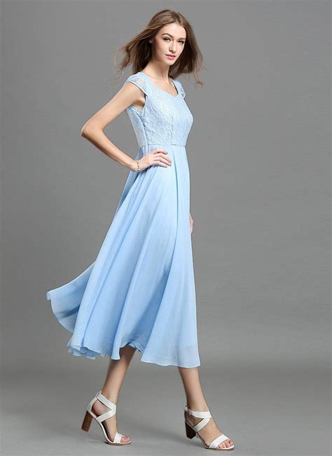 Light Blue Lace Chiffon Midi Dress With Sweetheart Neck And Layered Cap Sleeves Md41 Blue