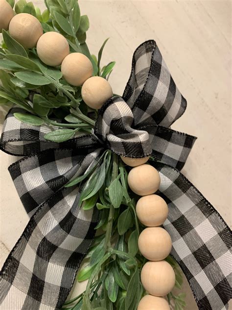 Wooden Bead 14 Wreath With Greenery And Black And White Etsy
