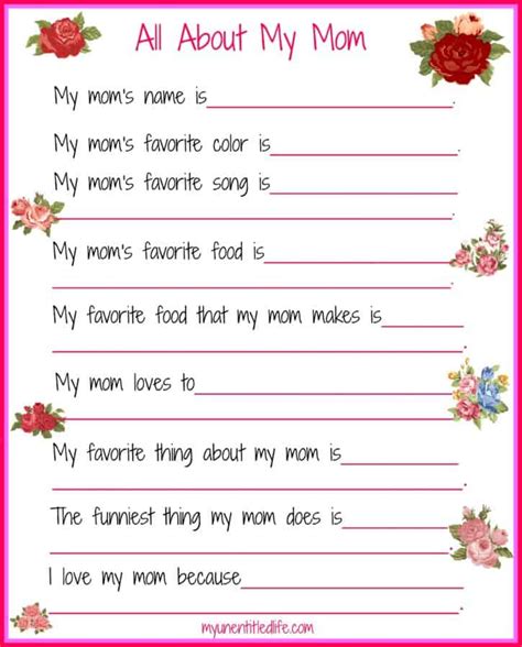All About My Mom Free Mothers Day Printable