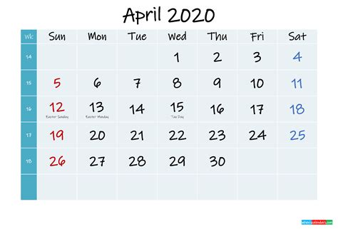 Printable Calendar April 2020 Template K20m316