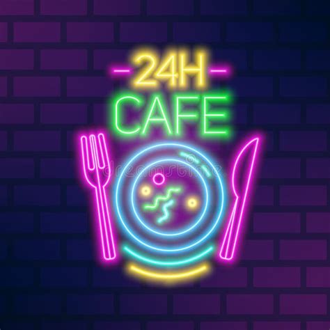 24h Cafe Neon Sign On Brick Wall Vector Flat Illustration Bright