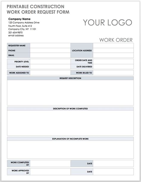 Printable Work Order Request Template Printable Templates