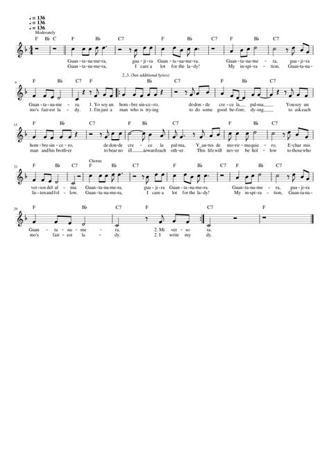 Trad Folk Cuban Guantanamera Cuban Folksong Sheet Music For