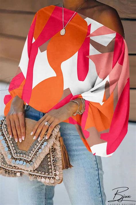 Bjux Orange Pink Fashion Casual Print Patchwork Off The Shoulder Top