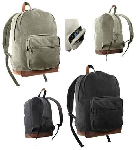 Vintage Canvas Backpack W Accented Leather Teardrop Bookbag Knapsac