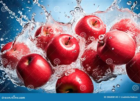 Fresh Red Apples In Water Splash On Blue Background Close Up Stock