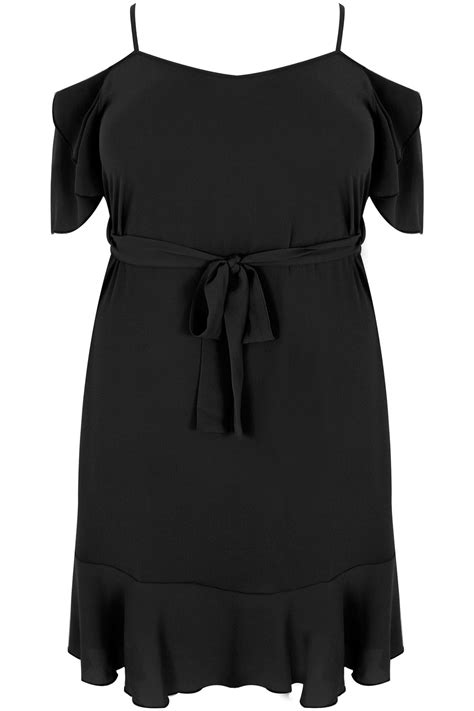 Black Cold Shoulder Swing Dress With Frill Hem Plus Size 16 To 36