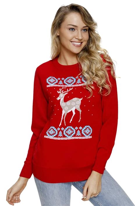 women fashion adorable reindeer in the snow red christmas sweater in 2020 red christmas