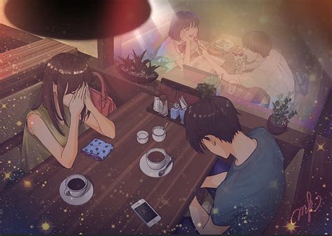 Hd Wallpaper Anime Couple Cafe Sadness Past Eating まかろんk