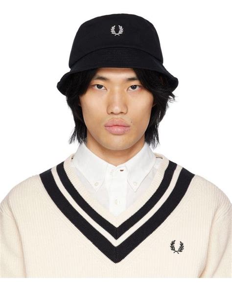 Fred Perry Black Embroidered Bucket Hat For Men Lyst
