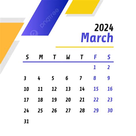 Calendário Mensal De Março De 2024 Vetor Png Março De 2024