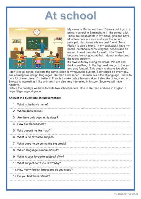 Easy Readings At School English Esl Worksheets Pdf And Doc