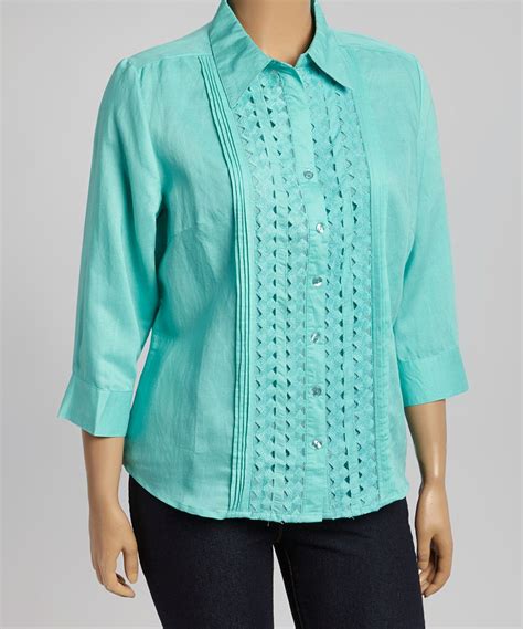 Look At This Aqua Crochet Panel Linen Blend Button Up Top Plus On