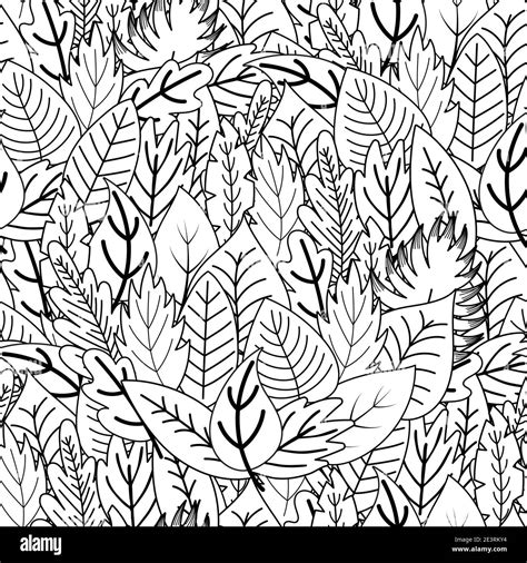 Doodle Leaves Seamless Pattern Whimsical Plants Coloring Page Black