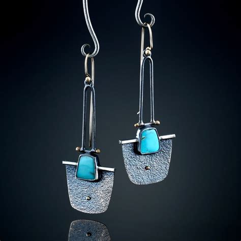 Kingman Turquoise Earrings Fabricated Sterling Silver And 14k Gold