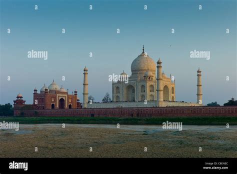 The Taj Mahal North Side Viewed Across Yamuna River At Sunset India