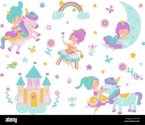 Card Cute Unicorns Rainbow Fairytale Princess Castle Stock Vector