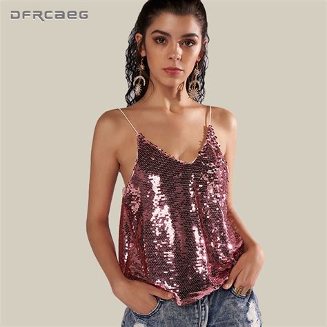 Streetwear Sexy Backless Sequins Tank Top Womens 2018 Fashion Summer Off Shoulder Casual V Neck