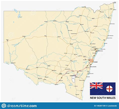 Road Map Of The Australian State New South Wales Map With Flag Stock