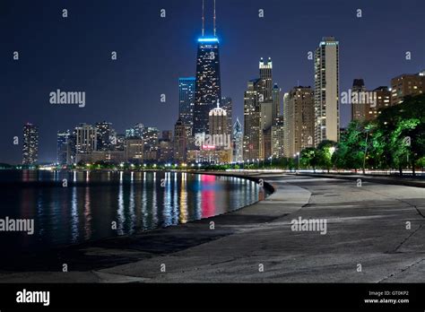 Chicago Skyline Image Of The Chicago Downtown Lakefront At Night Stock