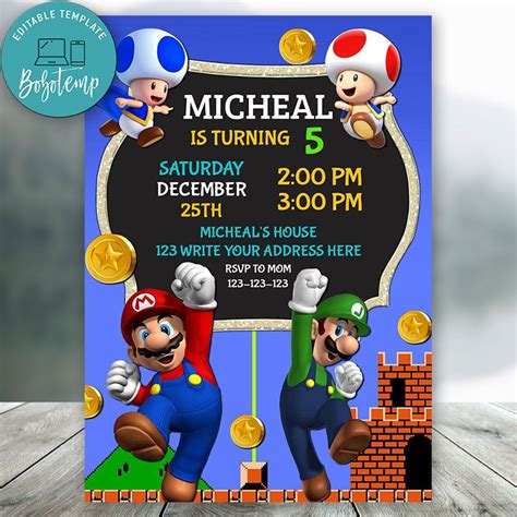 Editable Super Mario Birthday Party Invitation Instant Download