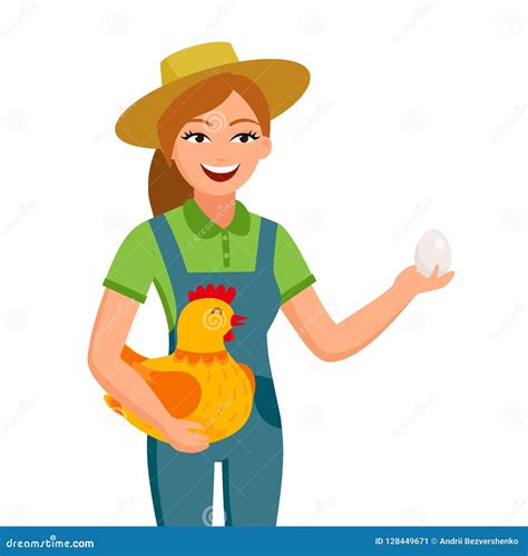 Cheerful Girl Farmer Is Holding An Egg And Cute Hen In Hands Cartoon