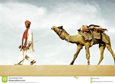 Indigenous Indian Man Walking Desert Camel Concept Stock Photo Image