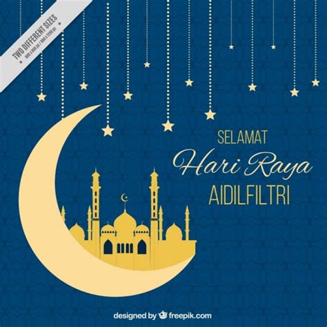 Hari Raya Blue Background With Moon And Stars Vector Free Download